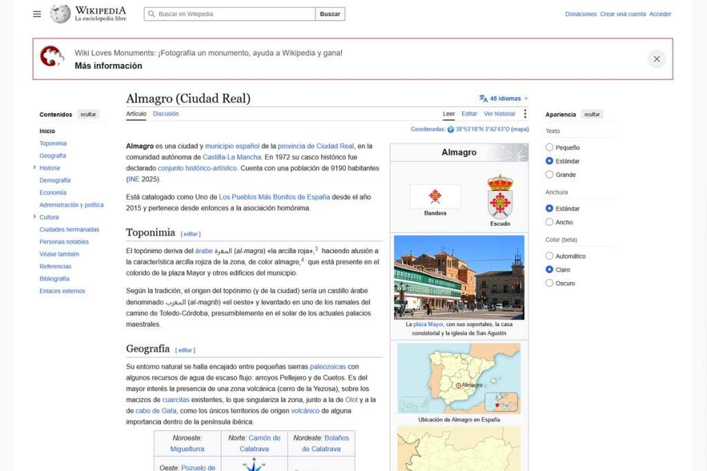 Captura de pantalla de la entrada de Wikipedia sobre Almagro